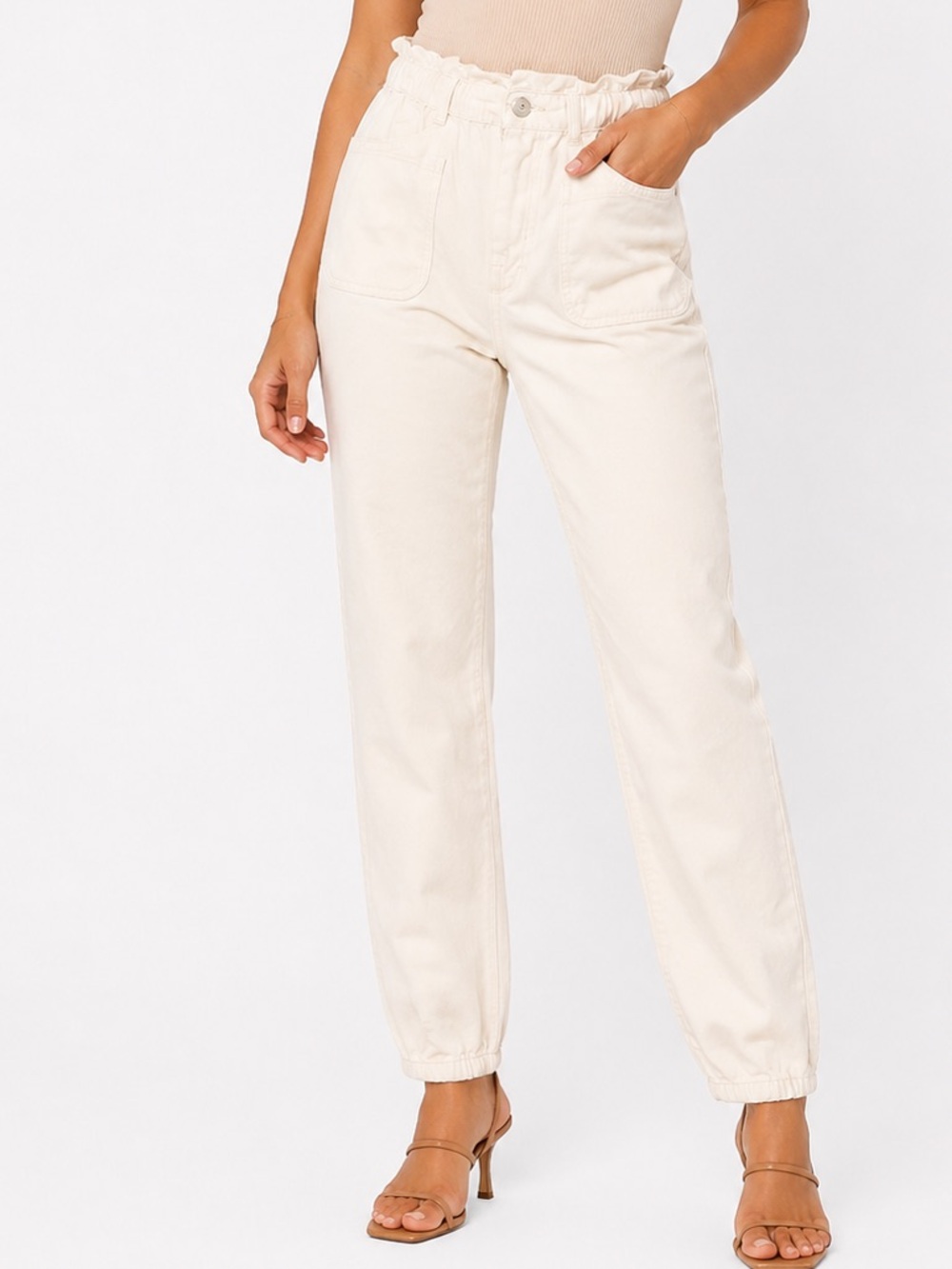EUC Zara‎ Denim Cream Paperbag High-Waisted Straight Leg Pants